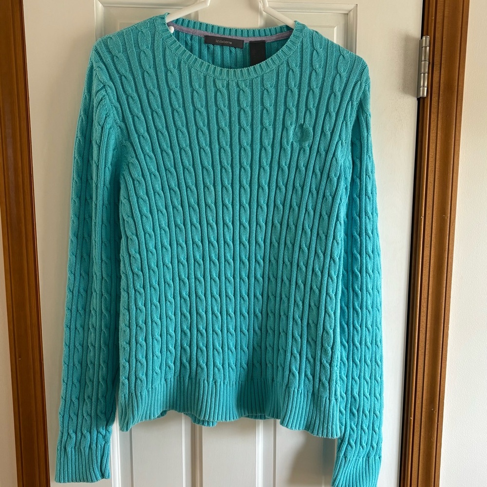 Vintage Liz Claiborne Cable Knit Blue Cotton Sweater L Preppy Minimalist